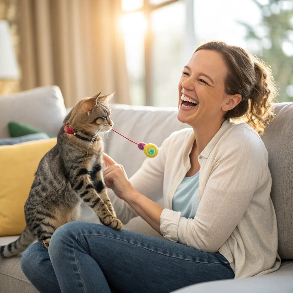 Joyful cat owner